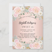 バラ金ゴールドホワイト花模様スウィート16 招待状 (正面)