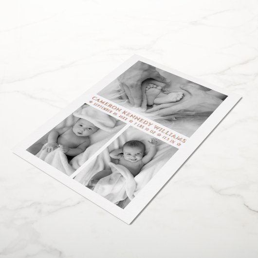 バラ金ゴールドホワイト3フォトハローベビー生まれたばかりの誕生 箔招待状 (回転した状態)