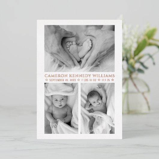 バラ金ゴールドホワイト3フォトハローベビー生まれたばかりの誕生 箔招待状 (立ち正面)