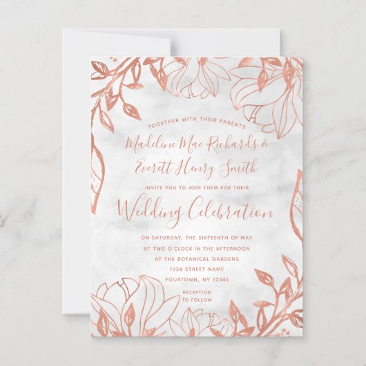 バラ金ゴールドボタニカルフローラグレイ結婚式招待状 マグネット招待状 (正面)