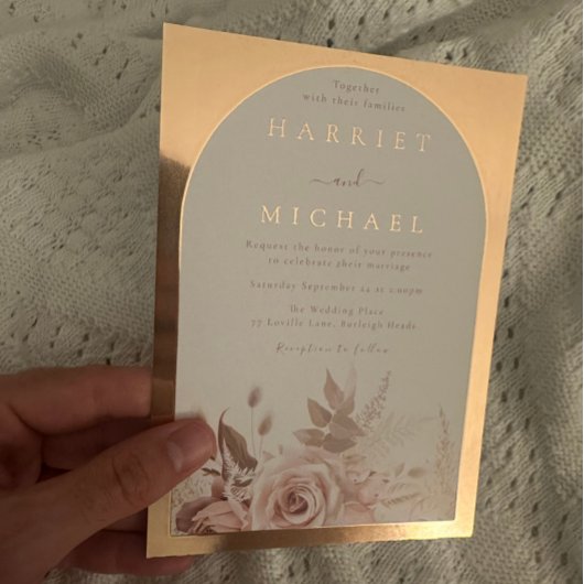 バラ金ゴールドボホアーチ赤面結婚フローラ 箔招待状