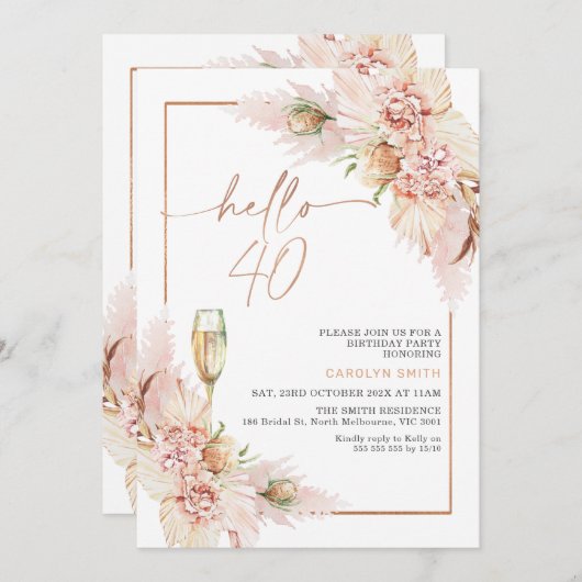 バラ金ゴールドボホドライフローラ40歳の誕生日 招待状 (正面/裏面)