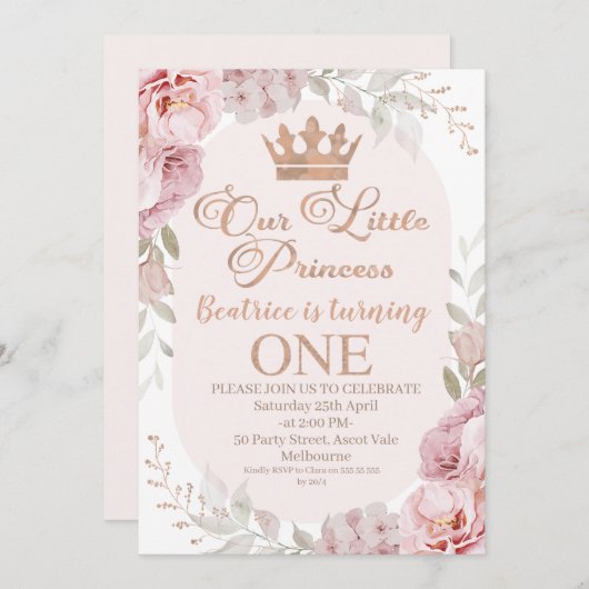 バラ金ゴールドボホフローラプリンセスクラウン1st誕生日 招待状 (正面/裏面)