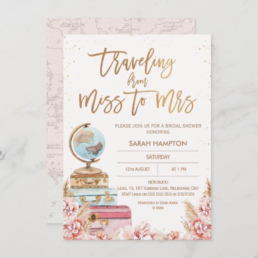 バラ金ゴールドボホ恋しく思旅行へミセス・ブライダルシャワー 招待状 (正面/裏面)