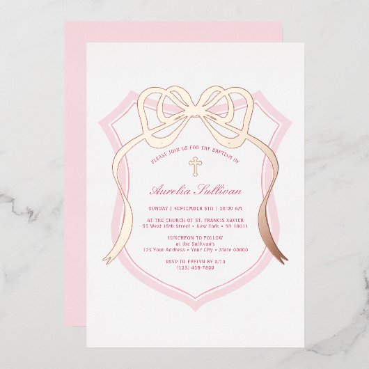 バラ金ゴールドボーピンククレストバプテスマ 箔招待状 (正面/裏面)