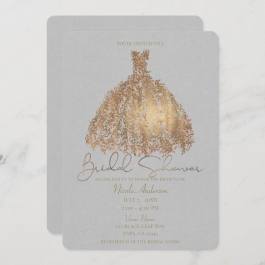 バラ金ゴールドボ葉タニカルブライダルシャワー 招待状 (正面/裏面)