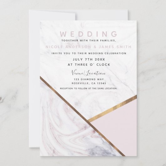 バラ金ゴールドマーブルスワール赤面ピンク結婚ズ 招待状 (正面)