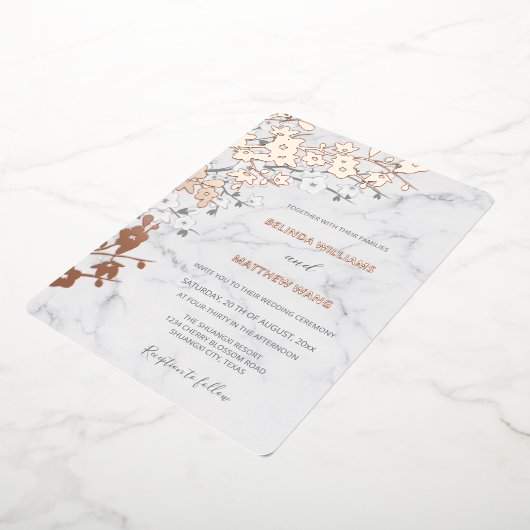 バラ金ゴールドマーブル |さくらんぼ結婚の花 箔招待状 (回転した状態)