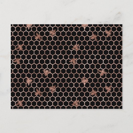 バラ金ゴールドミツバチとハニカムオンブラック ポストカード (正面)