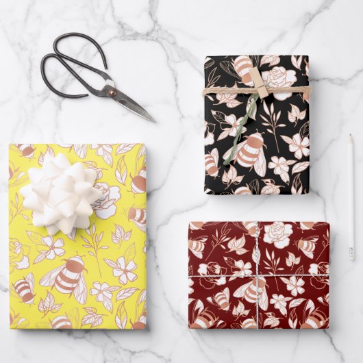 バラ金ゴールドミツバチと花 ラッピングペーパーシート (正面)