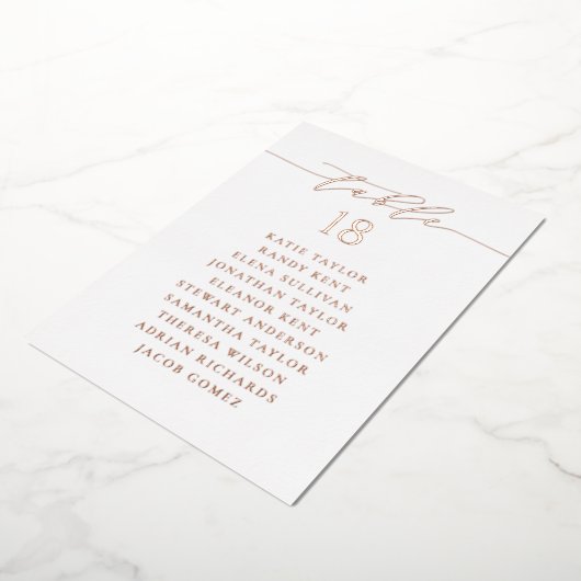 バラ金ゴールドミニマル結婚リストスクリプトのシーティングカード 箔招待状 (回転した状態)