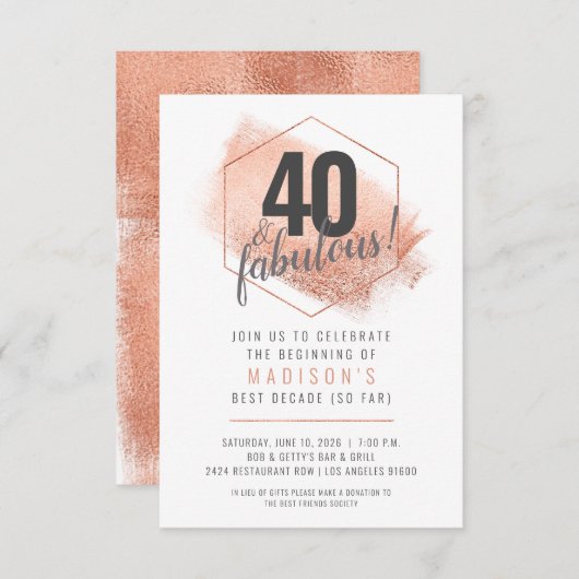 バラ金ゴールドミニマル40th誕生日招待状 案内状 (正面/裏面)