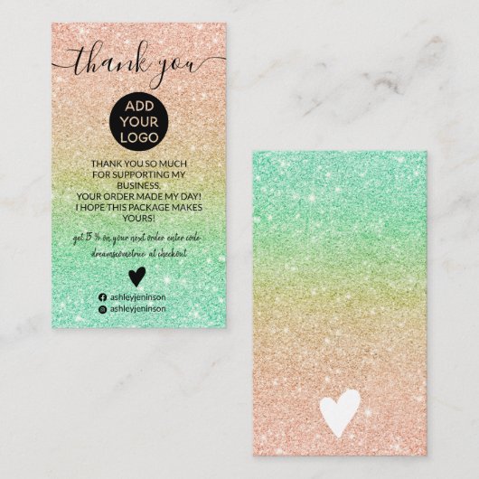 バラ金ゴールドミントグリッタースパークルの感謝してい順序 名刺 (正面/裏面)