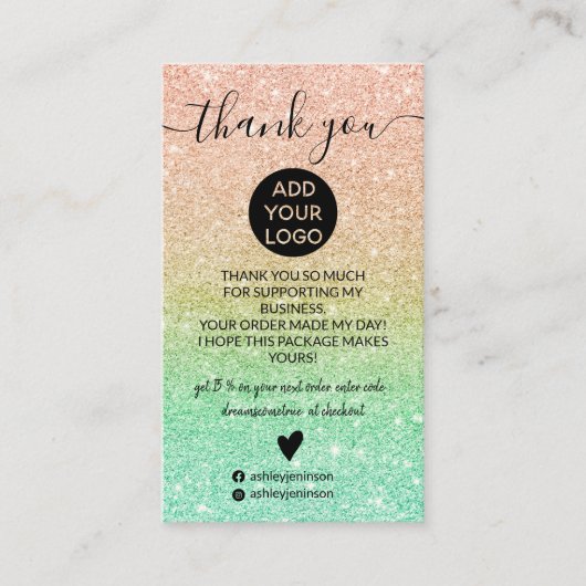 バラ金ゴールドミントグリッタースパークルの感謝してい順序 名刺 (正面)