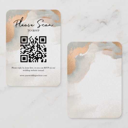 バラ金ゴールドムーディウォータカラー抽象芸術QRコードRSVP プレイスカード (正面/裏面)