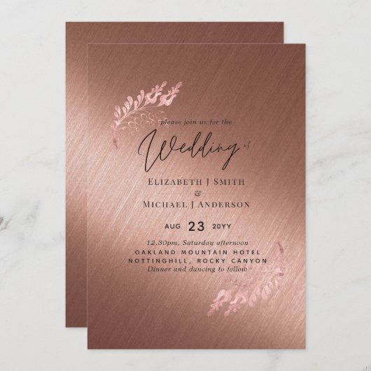 バラ金ゴールドメタリックルックバジェット結婚式の招待 (正面/裏面)