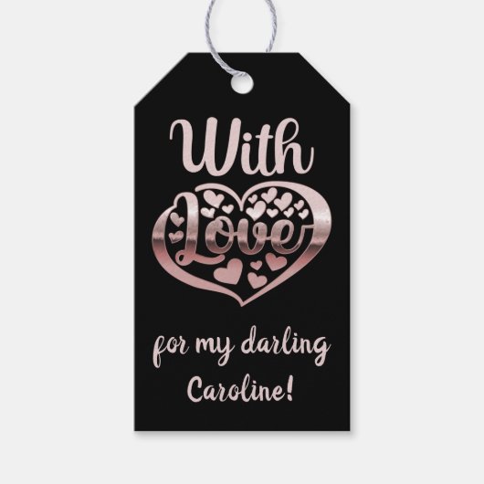 バラ金ゴールドメタリックルックバレンタインハートラブブラック ギフトタグ (正面)