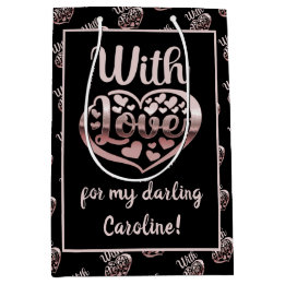 バラ金ゴールドメタリックルックバレンタインハートラブブラック ミディアムペーパーバッグ