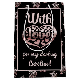 バラ金ゴールドメタリックルックバレンタインハートラブブラック ミディアムペーパーバッグ