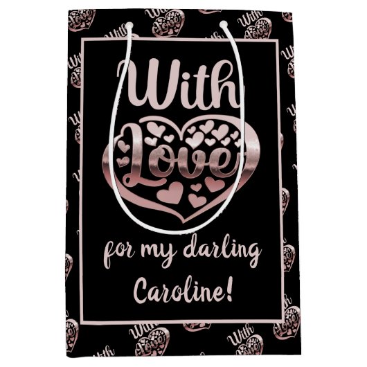 バラ金ゴールドメタリックルックバレンタインハートラブブラック ミディアムペーパーバッグ (正面)