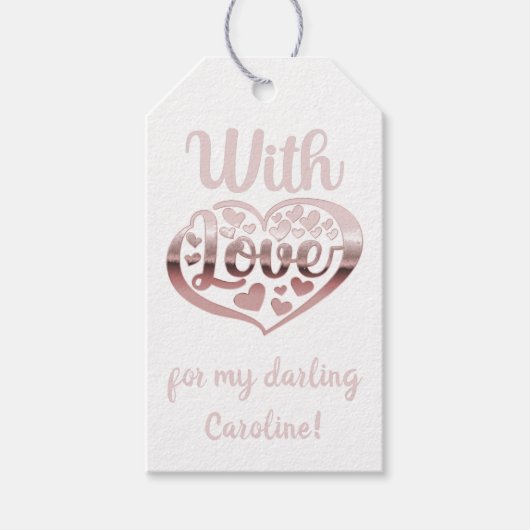 バラ金ゴールドメタリックルックバレンタインハートラブホワイト ギフトタグ (正面)