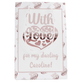 バラ金ゴールドメタリックルックバレンタインハートラブホワイト ミディアムペーパーバッグ