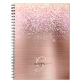 バラ金ゴールドメタル、グリッター、スクリプト名およびモノグラム ノートブック (正面)