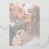 バラ金ゴールドモダンスクリプトのミニマル結婚ム写真 箔招待状 (正面)