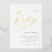 バラ金ゴールドモダンスクリプトのミニマル結婚ム写真 箔招待状 (正面)