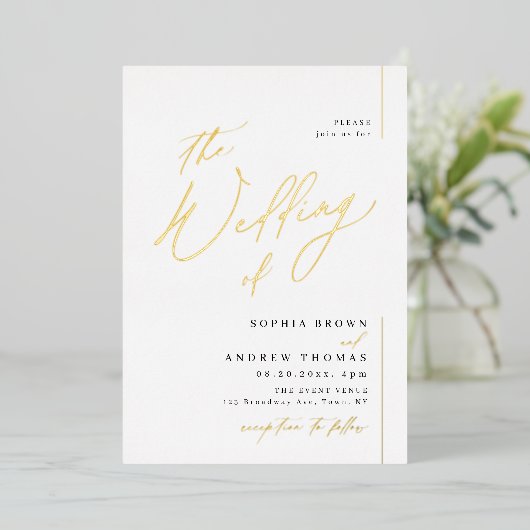 バラ金ゴールドモダンスクリプトのミニマル結婚ム写真 箔招待状 (立ち正面)