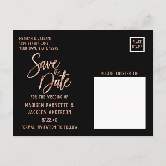 バラ金ゴールドモダンタイポグラフィウェディング日付を保存 案内ポストカード (裏面)