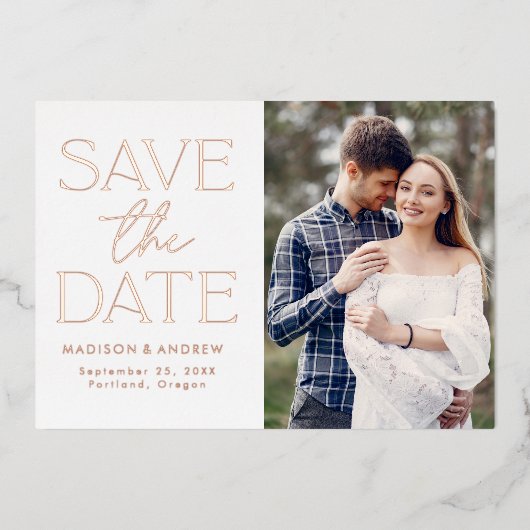 バラ金ゴールドモダンタイポグラフィ写真Save the Date 箔招待状 (正面)
