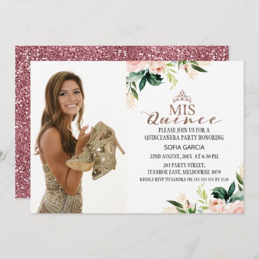 バラ金ゴールドモダンフローラフォトキンセアニェラ 招待状 (正面/裏面)