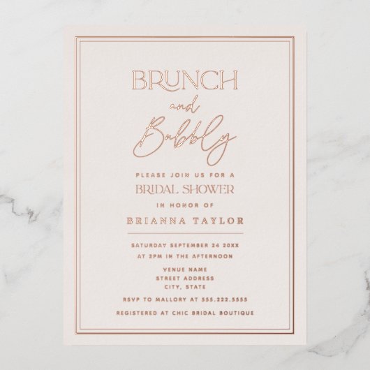 バラ金ゴールドモダンミニマルブライダルシャワー 箔招待状ポストカード (正面)