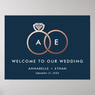 バラ金ゴールドモダンリングや輪ネイビ結婚ーのウェルカムサイン ポスター