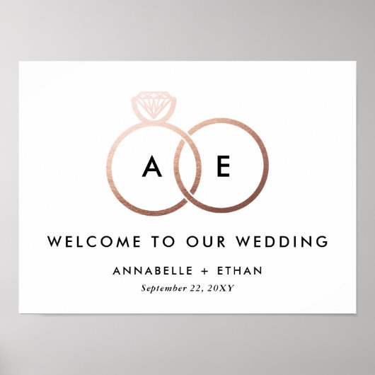 バラ金ゴールドモダンリングや輪結婚のウェルカムサイン ポスター (正面)