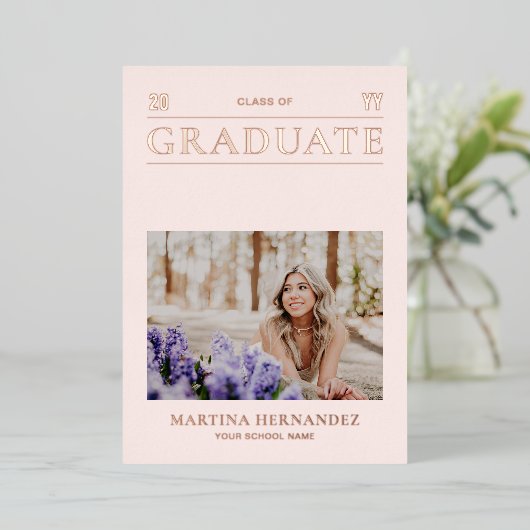 バラ金ゴールドモダン写真の卒業発表 箔招待状 (立ち正面)