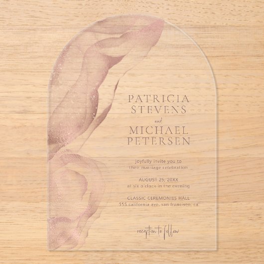 バラ金ゴールドモダン抽象芸術優雅な結婚式 アクリル招待状 (正面)