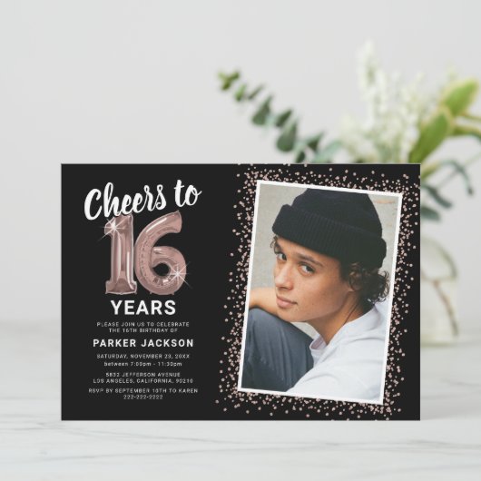 バラ金ゴールドモダン16番目の誕生日写真 招待状 (スタンド正面)