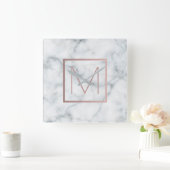 バラ金ゴールドモノグラムを白い大理石に スクエア壁時計 (ホーム)