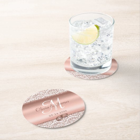 バラ金ゴールドモノグラムエレガントウェディング ラウンドペーパーコースター (インサイチュ)