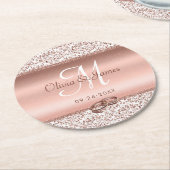 バラ金ゴールドモノグラムエレガントウェディング ラウンドペーパーコースター (アングル)