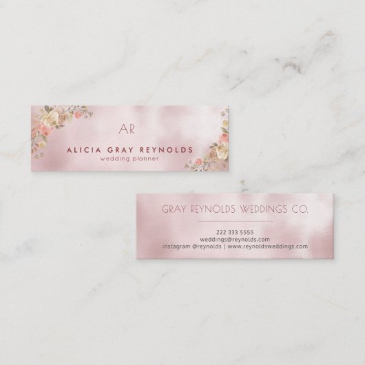 バラ金ゴールドモノグラムエレガントフローラウェディングプランナー スキニー名刺 (正面/裏面)