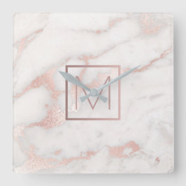 バラ金ゴールドモノグラム上のピンクの大理石 スクエア壁時計