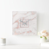 バラ金ゴールドモノグラム上のピンクの大理石 スクエア壁時計 (ホーム)