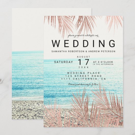 バラ金ゴールドヤシの木のエレガントビーチ結婚写真 招待状 (正面/裏面)