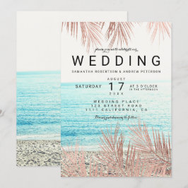 バラ金ゴールドヤシの木のエレガントビーチ結婚写真 招待状