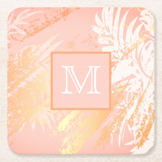 バラ金ゴールドヤシの木葉モノグラム スクエアペーパーコースター (正面)