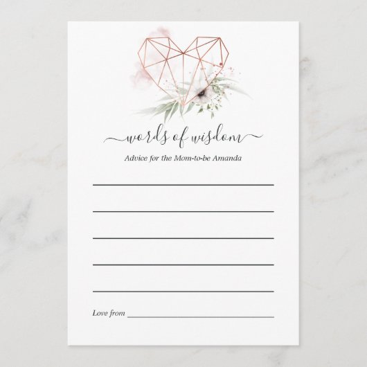 バラ金ゴールドユーカリ幾何学的ベビーシャワー アドバイスカード (正面)