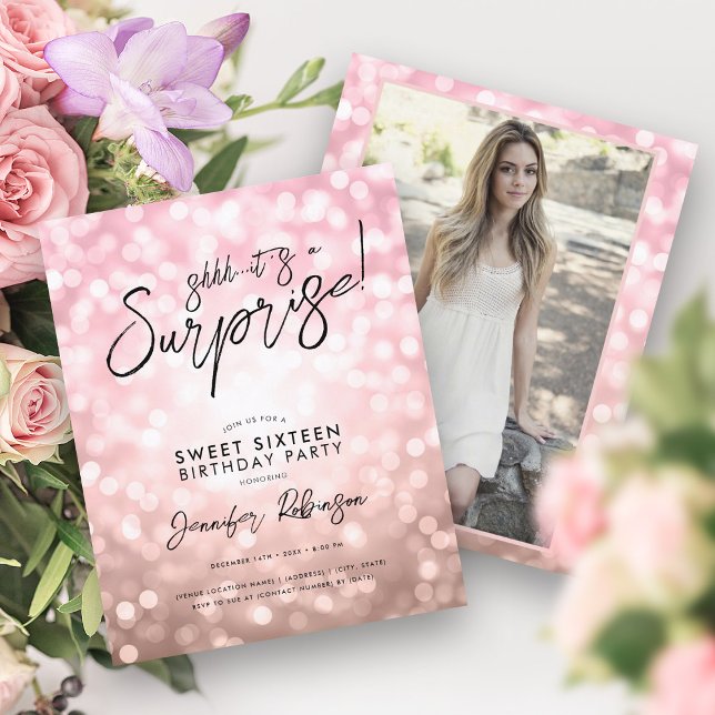 バラ金ゴールドライトフォトサプライズSweet 16招待状 (Rose Gold Lights Photo Surprise Sweet 16 Invites )